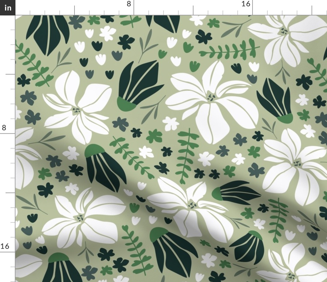 whimsical white flowers on light green