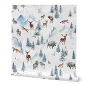 Snowy winter landscape with magical vintage watercolor  animals like deer fox wolf ermine bison in snow winter wonderland