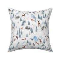 Snowy winter landscape with magical vintage watercolor  animals like deer fox wolf ermine bison in snow winter wonderland