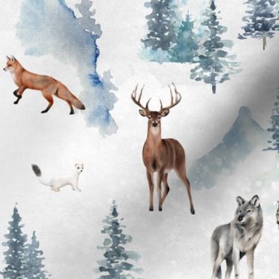 Snowy winter landscape with magical vintage houses and watercolor  animals like deer fox wolf ermine bison in snow winter wonderland