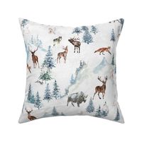 Snowy winter landscape with magical vintage houses and watercolor  animals like deer fox wolf ermine bison in snow winter wonderland