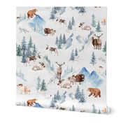 Snowy winter landscape with magical vintage houses and watercolor  animals like wolf,bison,goat,sheep,reindeer, happy people having fun and trees covered with snow - for Nursery