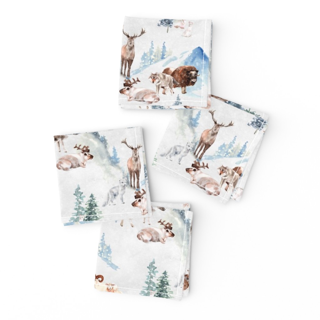 Snowy winter landscape with magical vintage houses and watercolor  animals like wolf,bison,goat,sheep,reindeer, happy people having fun and trees covered with snow - for Nursery