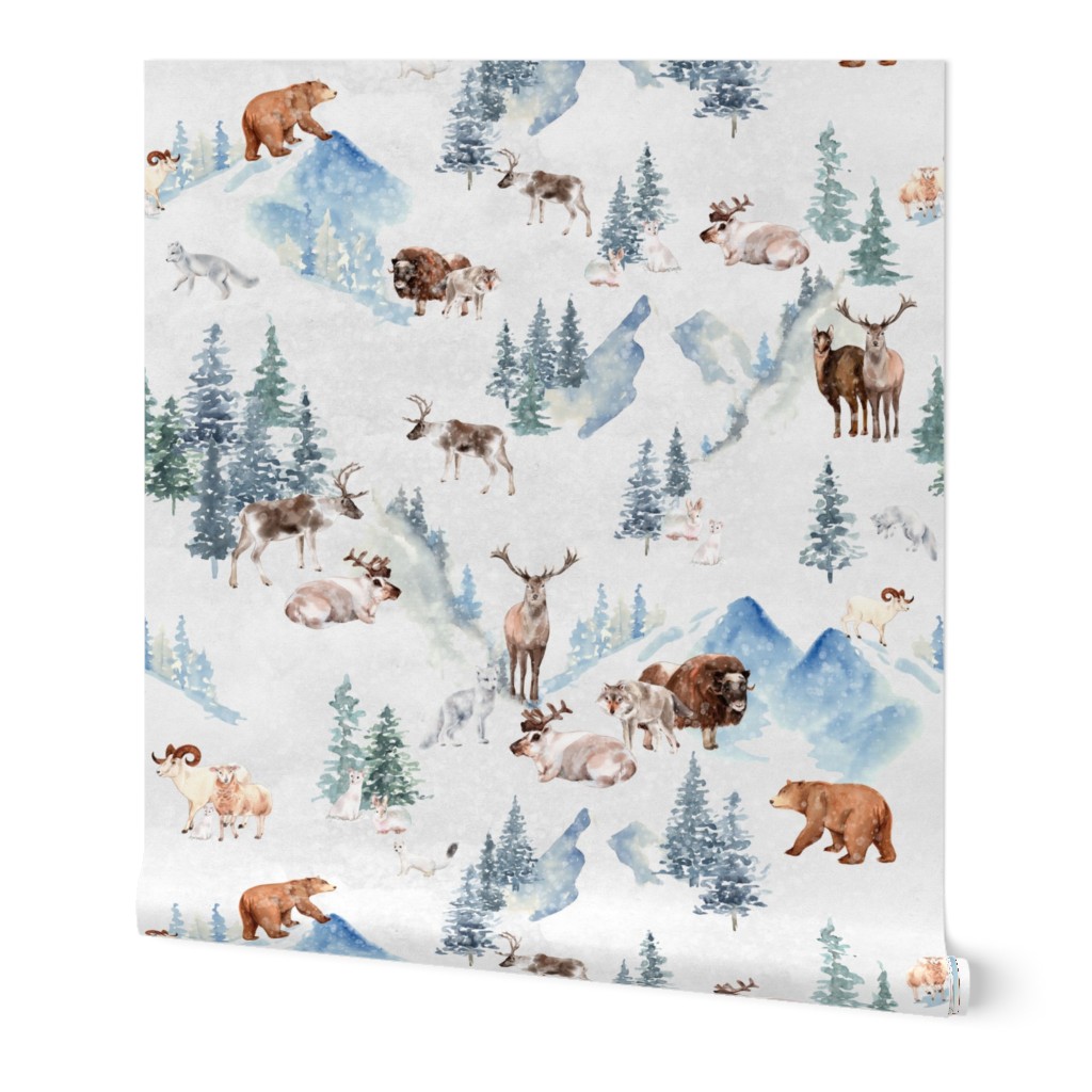 Snowy winter landscape with magical vintage houses and watercolor cabincore animals like wolf,bison,goat,sheep,reindeer, happy people having fun and trees covered with snow - for Nursery