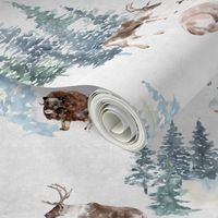 Snowy winter landscape with magical vintage houses and watercolor cabincore animals like wolf,bison,goat,sheep,reindeer, happy people having fun and trees covered with snow - for Nursery