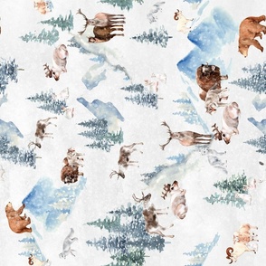 turned left - Snowy winter landscape with magical vintage houses and watercolor  animals like wolf,bison,goat,sheep,reindeer, happy people having fun and trees covered with snow - for Nursery
