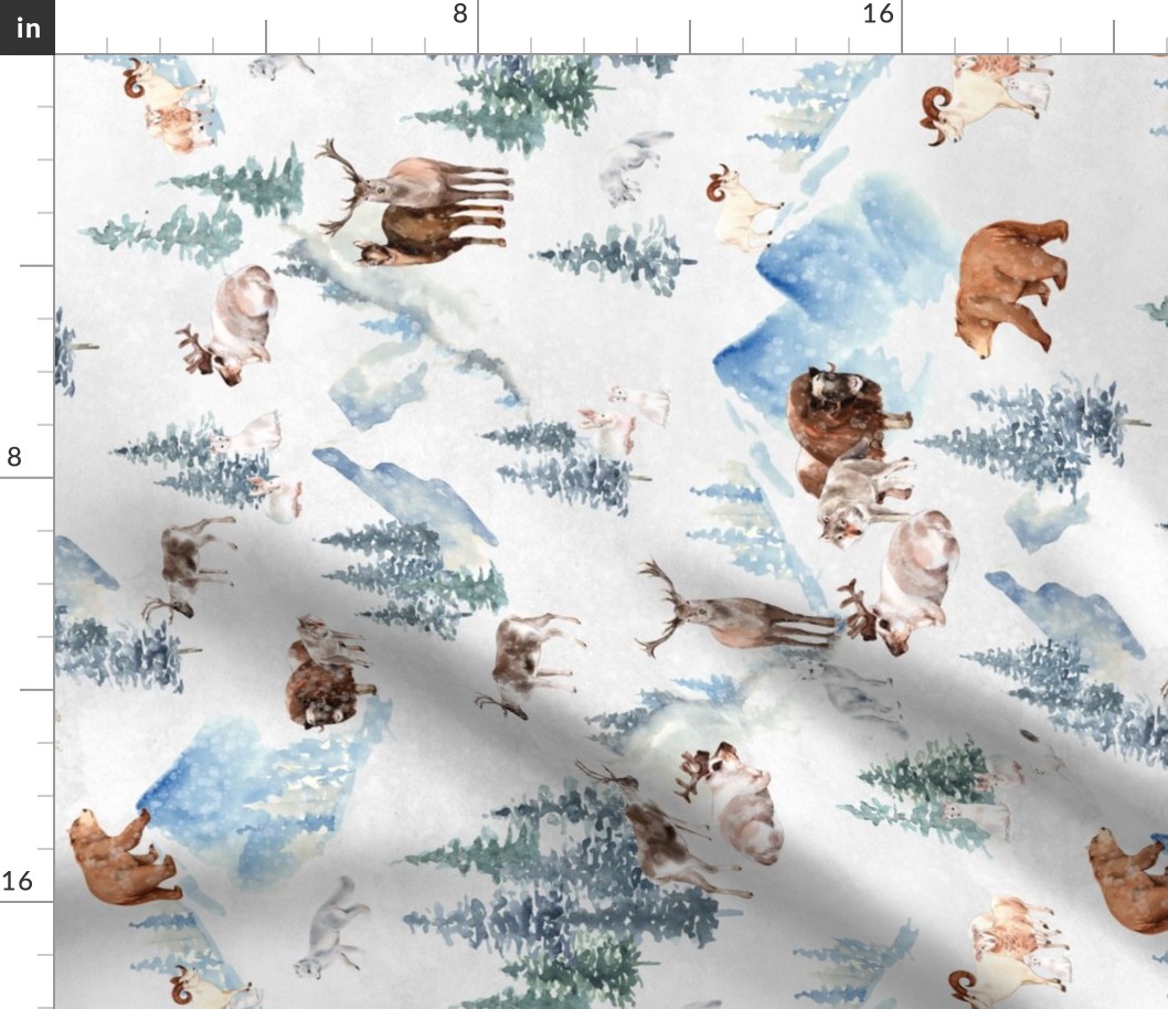 turned left - Snowy winter landscape with magical vintage houses and watercolor  animals like wolf,bison,goat,sheep,reindeer, happy people having fun and trees covered with snow - for Nursery