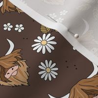 Adorable highland cattle daisy blossom sweet spring cows with horns Scandinavian kids design vintage seventies brown neutral