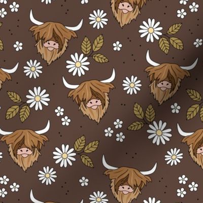 Adorable highland cattle daisy blossom sweet spring cows with horns Scandinavian kids design vintage seventies brown neutral