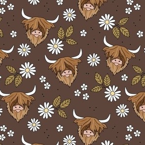 Adorable highland cattle daisy blossom sweet spring cows with horns Scandinavian kids design vintage seventies brown neutral