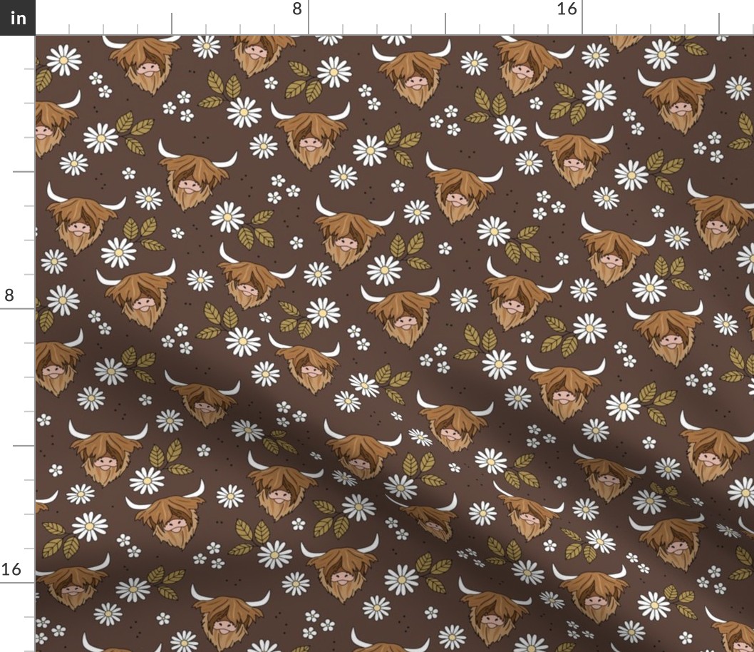 Adorable highland cattle daisy blossom sweet spring cows with horns Scandinavian kids design vintage seventies brown neutral