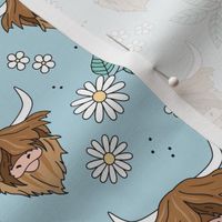 Adorable highland cattle daisy blossom sweet spring cows with horns Scandinavian kids design teal blue