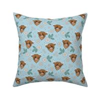 Adorable highland cattle daisy blossom sweet spring cows with horns Scandinavian kids design teal blue