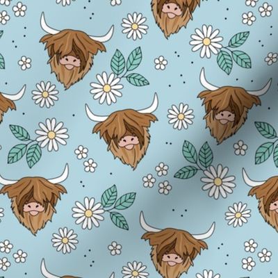 Adorable highland cattle daisy blossom sweet spring cows with horns Scandinavian kids design teal blue