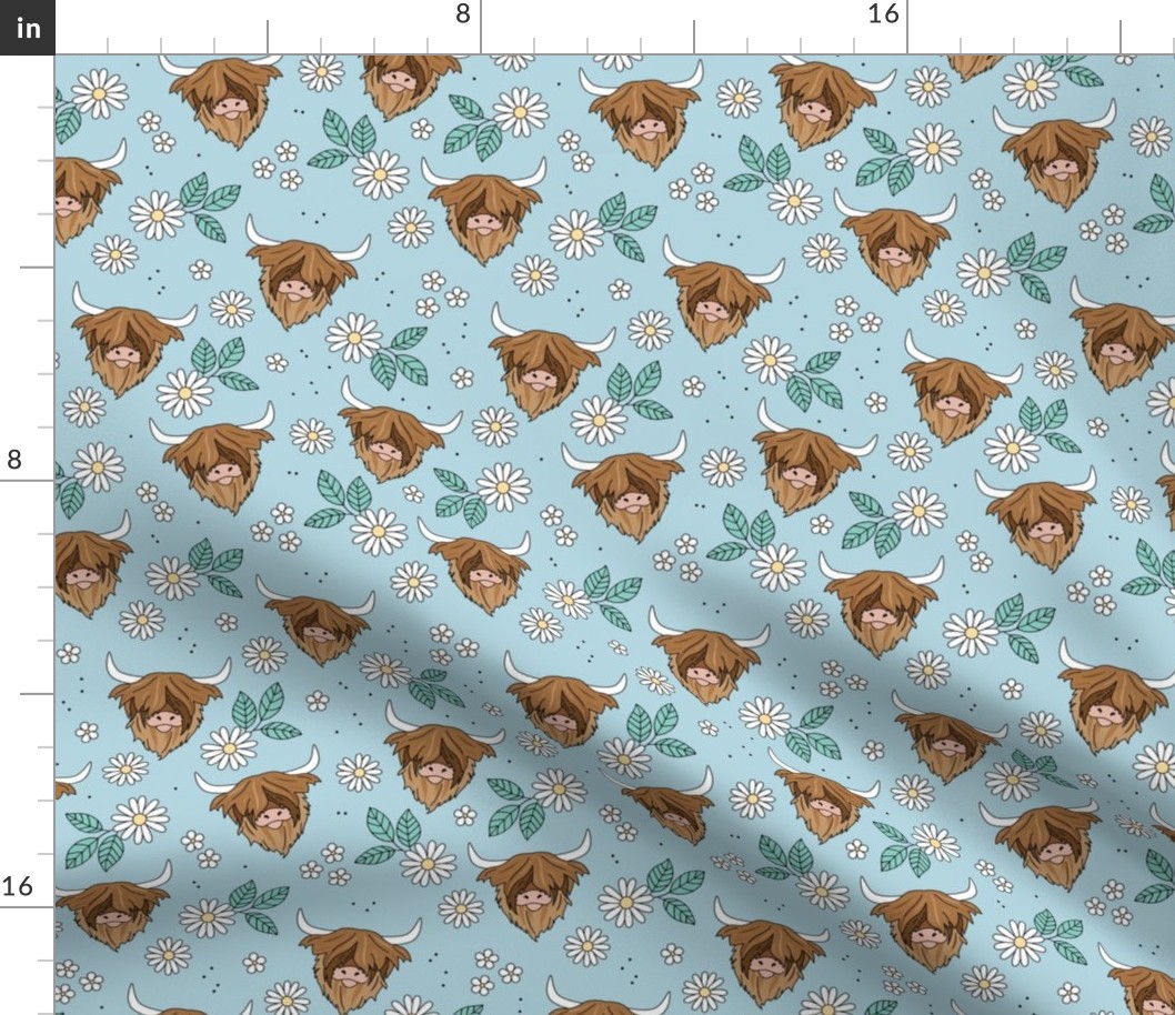 Adorable highland cattle daisy blossom sweet spring cows with horns Scandinavian kids design teal blue