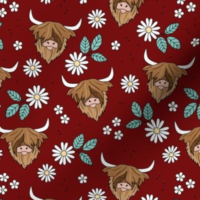 Adorable highland cattle daisy blossom sweet spring cows with horns Scandinavian kids design teal burgundy red