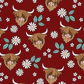 Adorable highland cattle daisy blossom sweet spring cows with horns Scandinavian kids design teal burgundy red