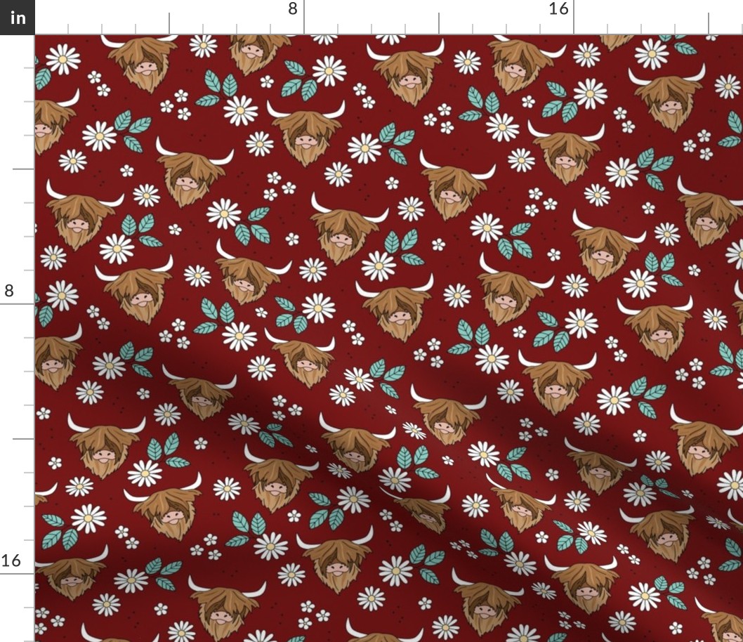 Adorable highland cattle daisy blossom sweet spring cows with horns Scandinavian kids design teal burgundy red