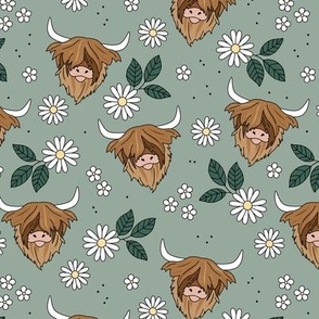 Adorable highland cattle daisy blossom sweet spring cows with horns Scandinavian kids design moody green