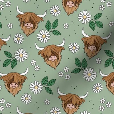 Adorable highland cattle daisy blossom sweet spring cows with horns Scandinavian kids design sage green