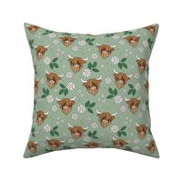 Adorable highland cattle daisy blossom sweet spring cows with horns Scandinavian kids design sage green