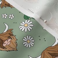 Adorable highland cattle daisy blossom sweet spring cows with horns Scandinavian kids design sage green