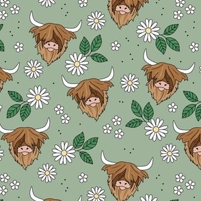 Adorable highland cattle daisy blossom sweet spring cows with horns Scandinavian kids design sage green