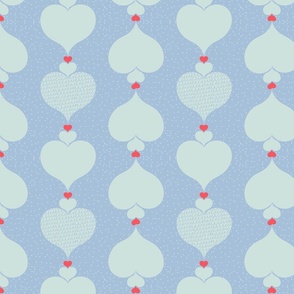 Blue hearts in lines of different sizes with the smallest heart being red - small scale