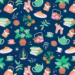 Cosy home - spring plants and orange branches scandinavian tea and snacks hygge design pink orange green on navy