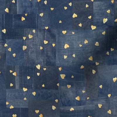 Gold Sequins on Denim | Metallic gold hearts on indigo blue patchwork denim and linen, Valentine hearts on navy blue boro cloth, blue linen quilt, Indian sequins fabric.