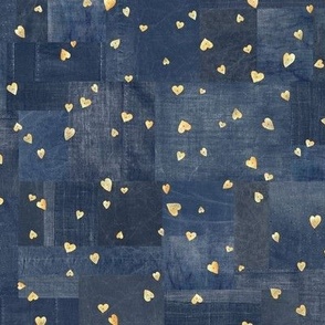 Gold Sequins on Denim | Metallic gold hearts on indigo blue patchwork denim and linen, Valentine hearts on navy blue boro cloth, blue linen quilt, Indian sequins fabric.