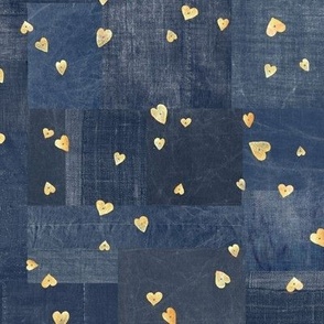 Gold Sequins on Denim (large scale) | Metallic gold hearts on indigo blue patchwork denim and linen, Valentine hearts on navy blue boro cloth, blue linen quilt, Indian sequins fabric.