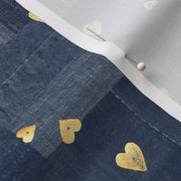 Gold Sequins on Denim (xl scale) | Metallic gold hearts on indigo blue patchwork denim and linen, Valentine hearts on navy blue boro cloth, blue linen quilt, Indian sequins fabric.