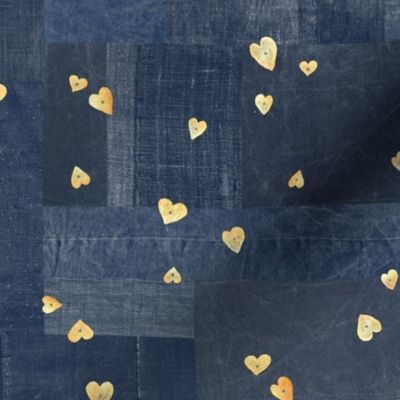 Gold Sequins on Denim (xl scale) | Metallic gold hearts on indigo blue patchwork denim and linen, Valentine hearts on navy blue boro cloth, blue linen quilt, Indian sequins fabric.