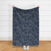 Gold Sequins on Denim (xl scale) | Metallic gold hearts on indigo blue patchwork denim and linen, Valentine hearts on navy blue boro cloth, blue linen quilt, Indian sequins fabric.