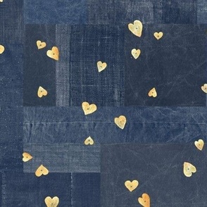 Gold Sequins on Denim (xl scale) | Metallic gold hearts on indigo blue patchwork denim and linen, Valentine hearts on navy blue boro cloth, blue linen quilt, Indian sequins fabric.