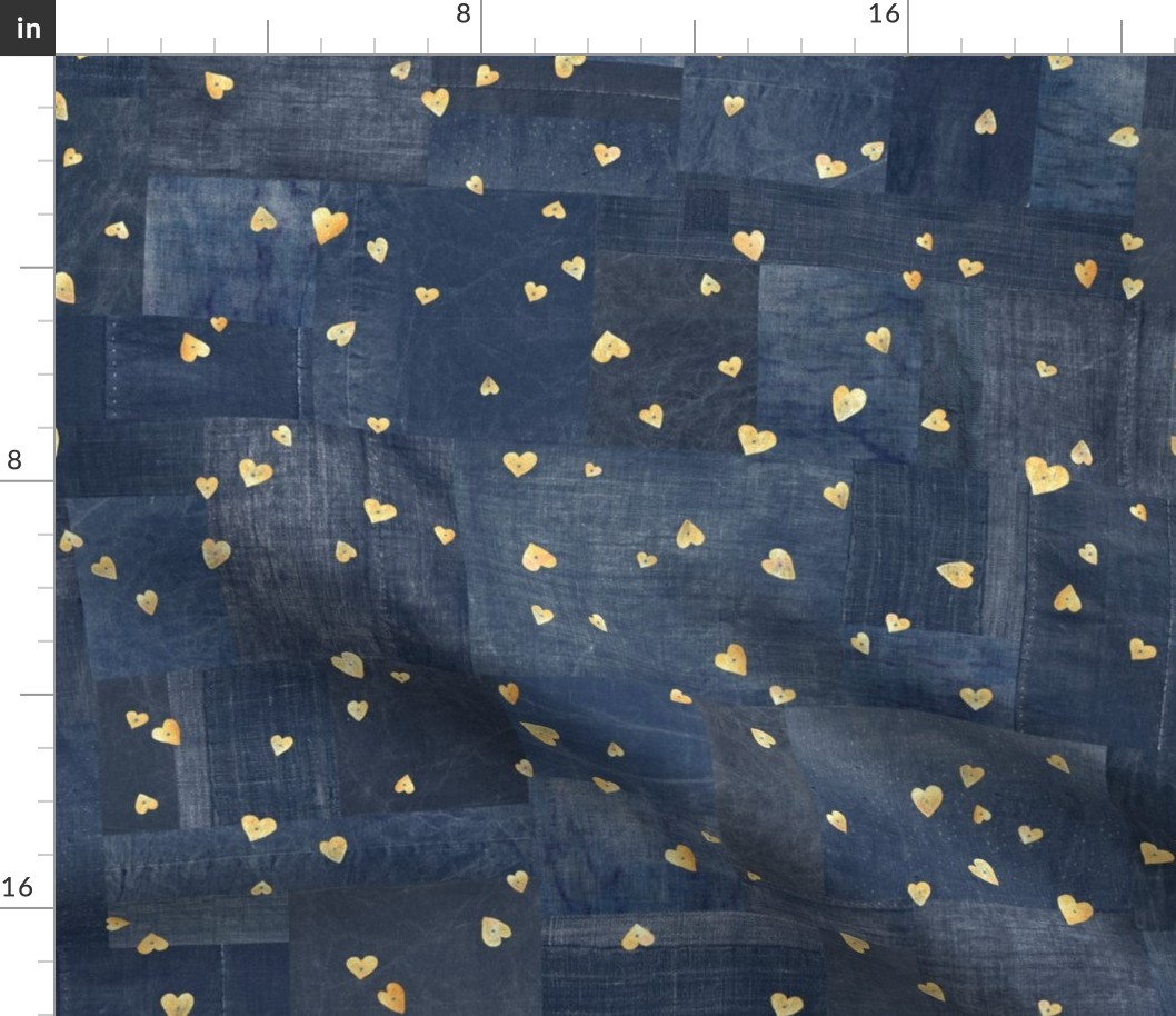 Gold Sequins on Denim (xl scale) | Metallic gold hearts on indigo blue patchwork denim and linen, Valentine hearts on navy blue boro cloth, blue linen quilt, Indian sequins fabric.