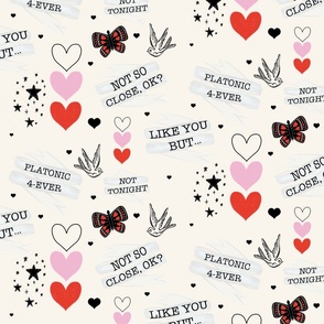 Platonic  4 Ever White  Valentines Heart with Quotes Star Butterflies and Swallows 
