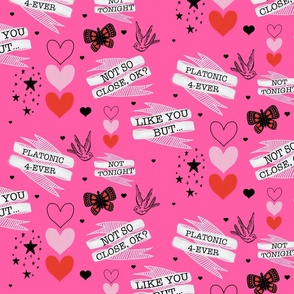 Platonic  4 Ever Hot Pink Valentines Heart with Quotes Star Butterflies and Swallows 