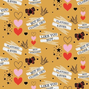 Platonic  4 Ever Yellow  Valentines Heart with Quotes Star Butterflies and Swallows 