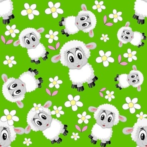 Fluffy Lamb Cute Wallpaper and Fabric bright green and white