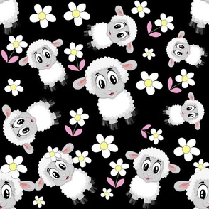 Fluffy Lamb Cute Wallpaper and Fabric in Black and White