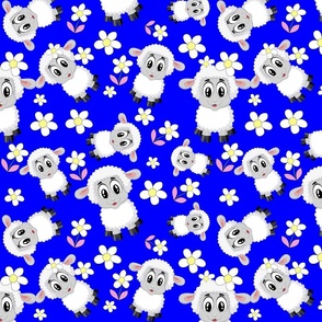 Fluffy Lamb Cute Wallpaper and Fabric in Blue and White
