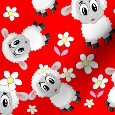 Fluffy Lamb on Bright Red Background 
