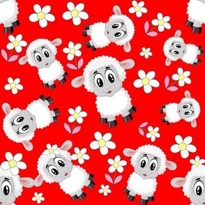 Fluffy Lamb on Bright Red Background 