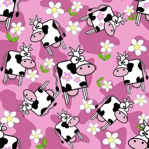 Cartoon Cow and Pink Daisys on pink and blush camo
