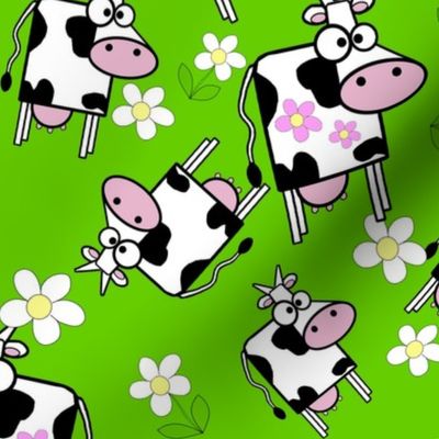 Cartoon Cow and Pink Daisys on grass green