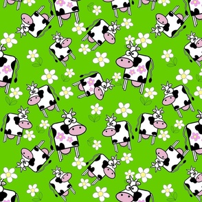 Cartoon Cow and Pink Daisys on grass green