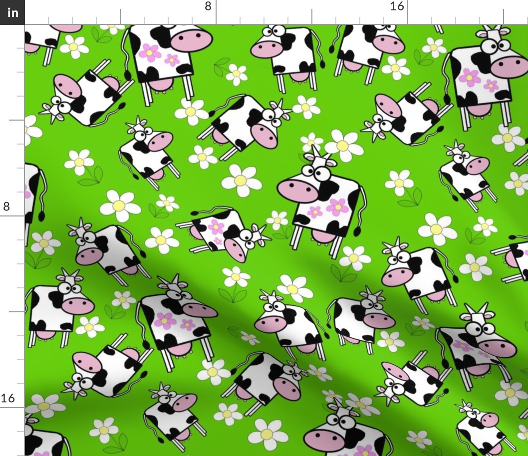 Cartoon Cow and Pink Daisys on grass green