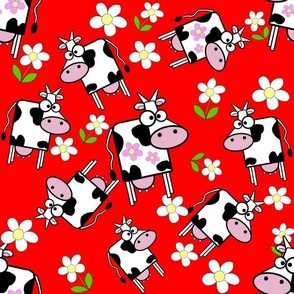 Cartoon Cow and Pink Daisys on bright red